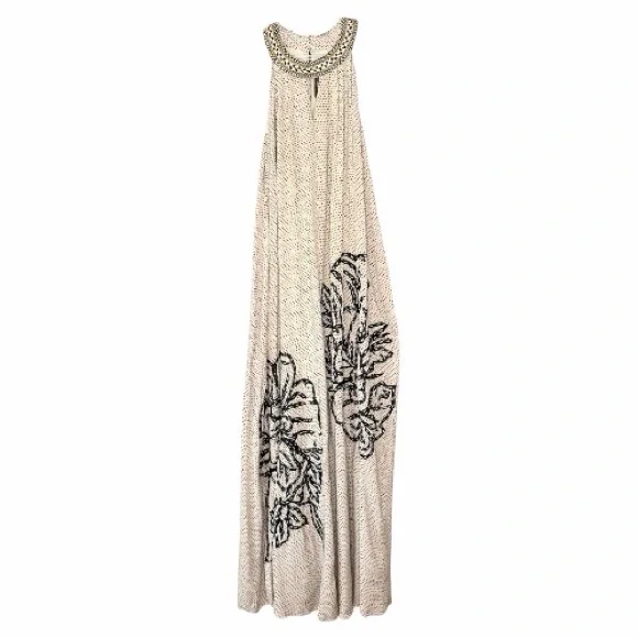 Anthropology Ranna Gill Cream Halter Maxi Dress with Black Floral Embroidery XS - Picture 2 of 12